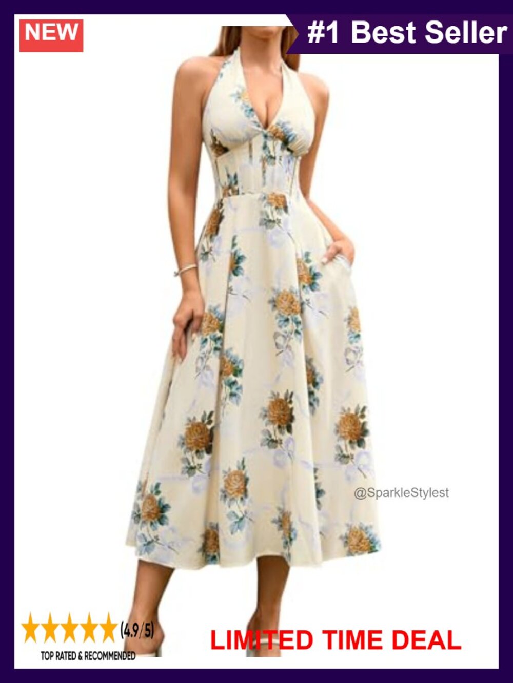 Floral Halter Midi Corset Dress A-Line Wedding Guest Tea Party